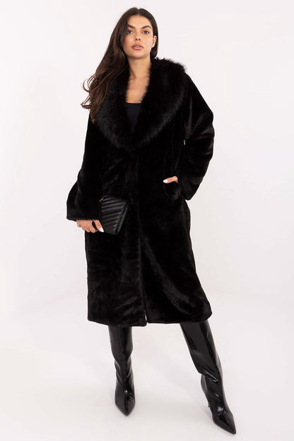 Elegant women's long fur-trimmed coat with collar, featuring luxurious comfort and high-quality polyester fabric, offered by Factory Price.
