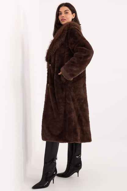 Back view of elegant women's long coat with fur trim, designed by Factory Price, perfect for both formal and everyday wear, ensuring warmth and style.