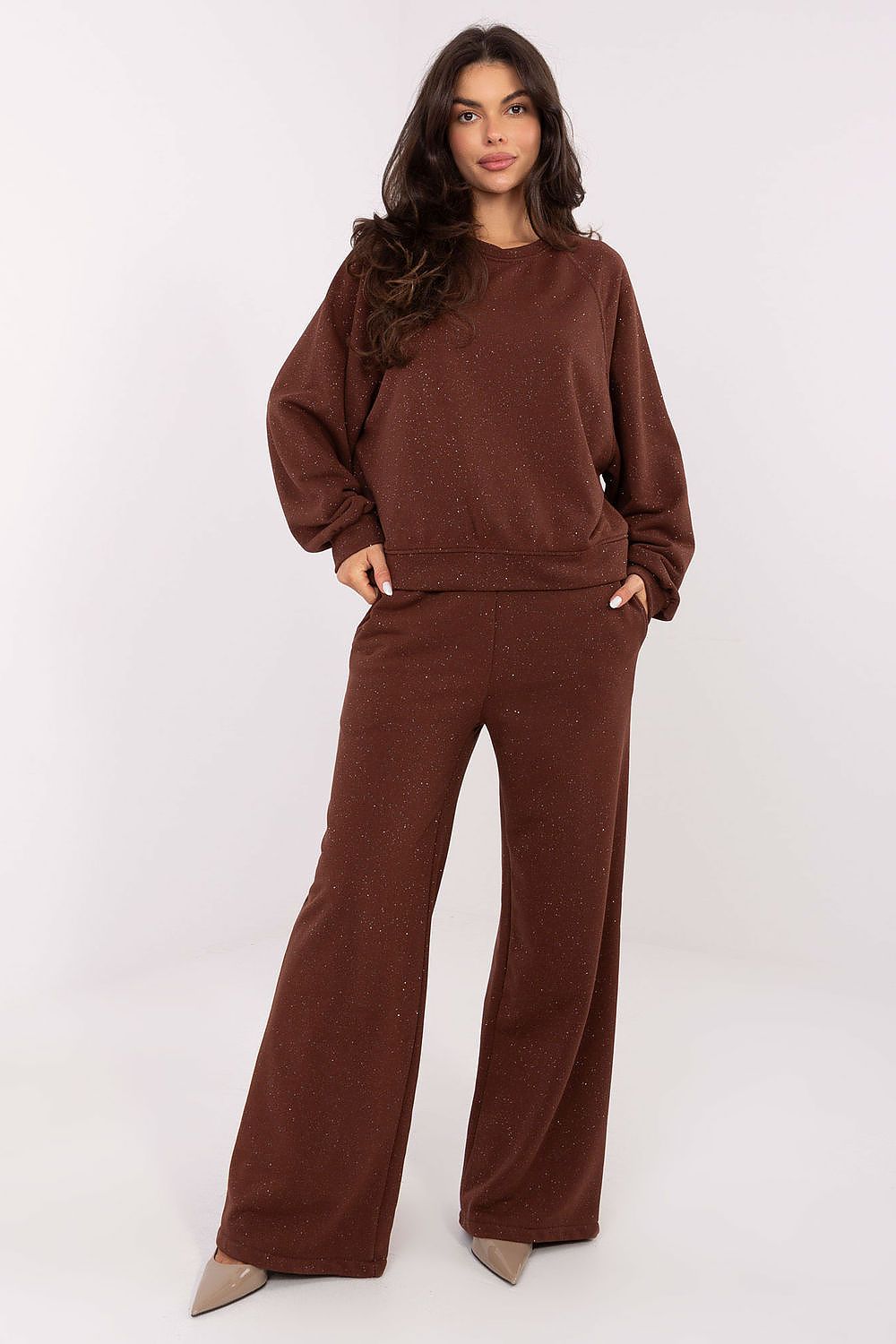 Elegant wide leg tracksuit trousers with high waist and side pockets, crafted from a soft cotton-polyester blend by Factory Price, showcasing a luxurious and modern design.