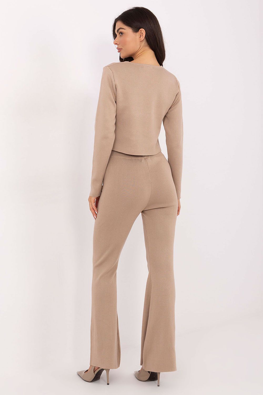 Close-up of the soft viscose-polyester blend fabric of Factory Price's Women's Sweater Set, highlighting its premium quality and elegant texture.