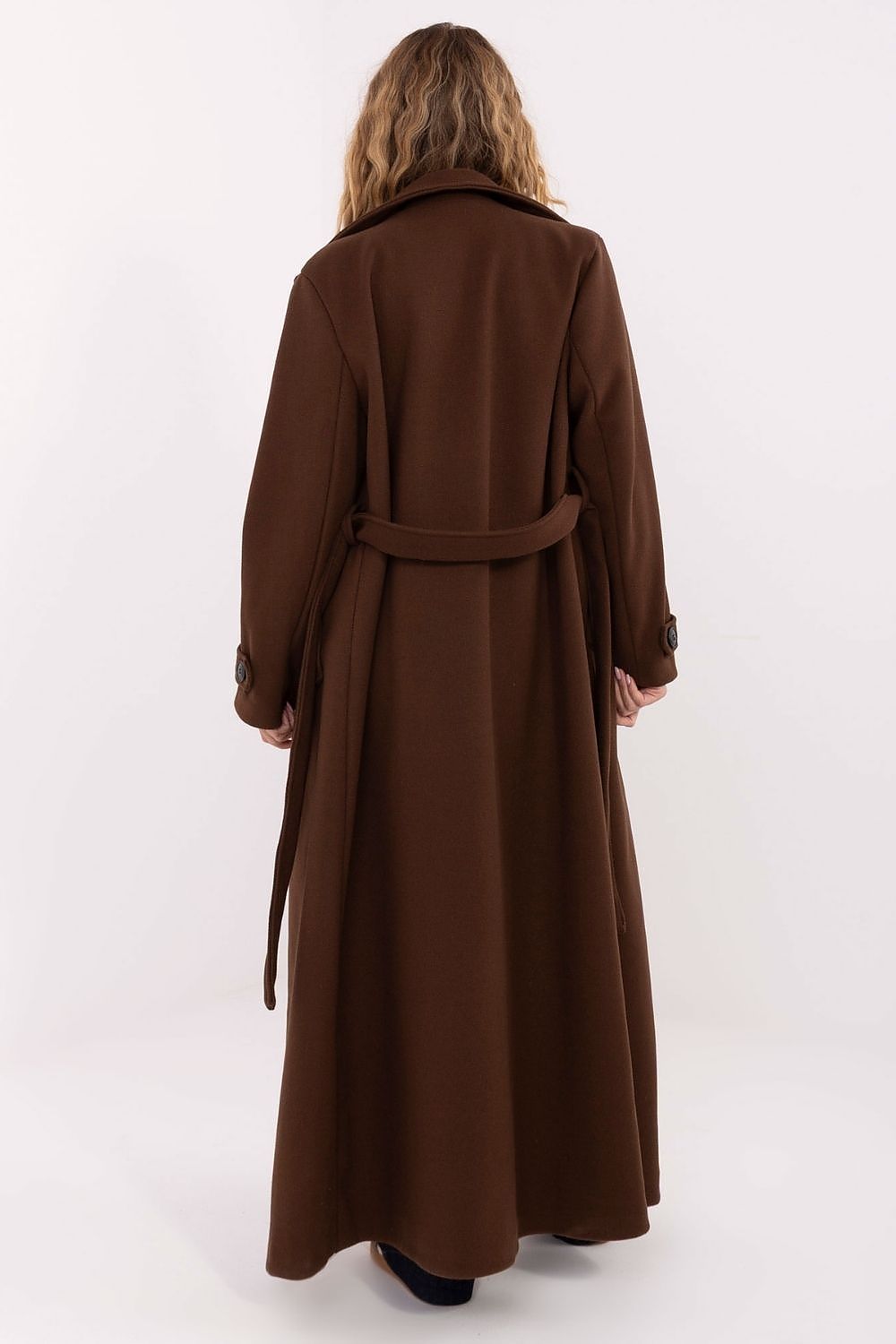 Luxurious double-breasted women's coat by Factory Price featuring a waist tie, inset pockets, and smooth fabric, perfect for sophisticated outfits.