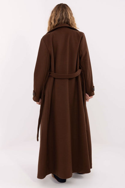Luxurious double-breasted women's coat by Factory Price featuring a waist tie, inset pockets, and smooth fabric, perfect for sophisticated outfits.