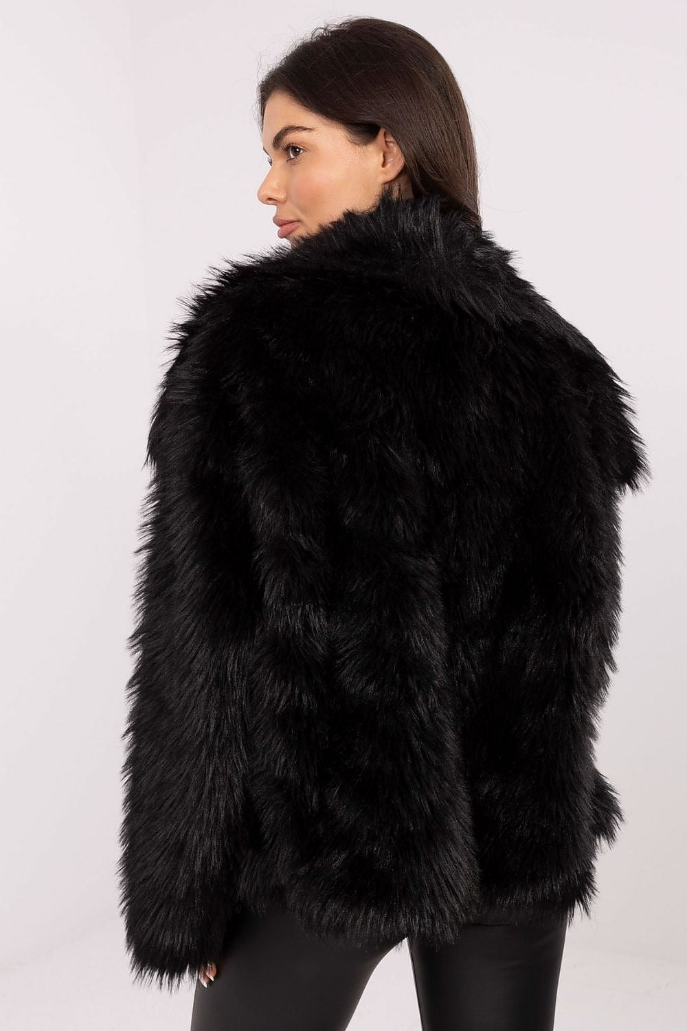 Factory Price luxury women's fur jacket in polyester, showcasing softness and sheen with practical snap fastening and slip pockets for a stylish look.
