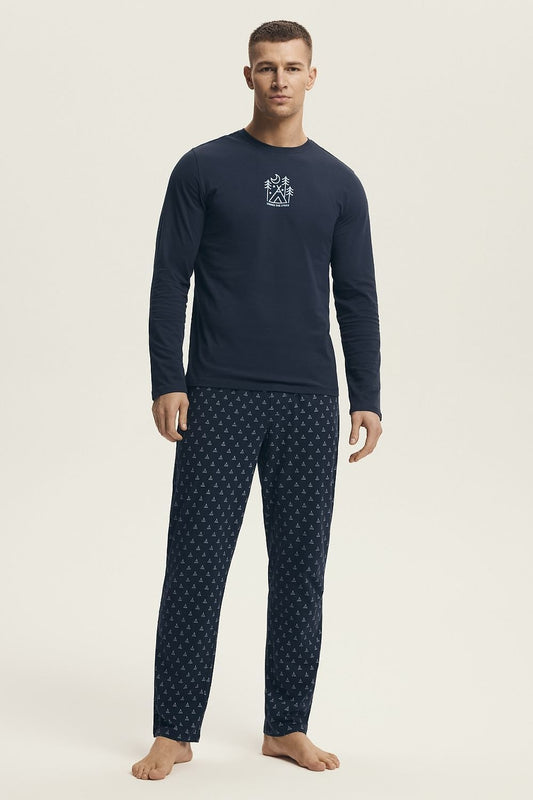 Luxurious Henderson Men's Classic Cotton Pajama Set showcasing a stylish t-shirt with a round neckline and elegant print, paired with trendy long pants featuring an eye-catching pattern for sophisticated comfort.