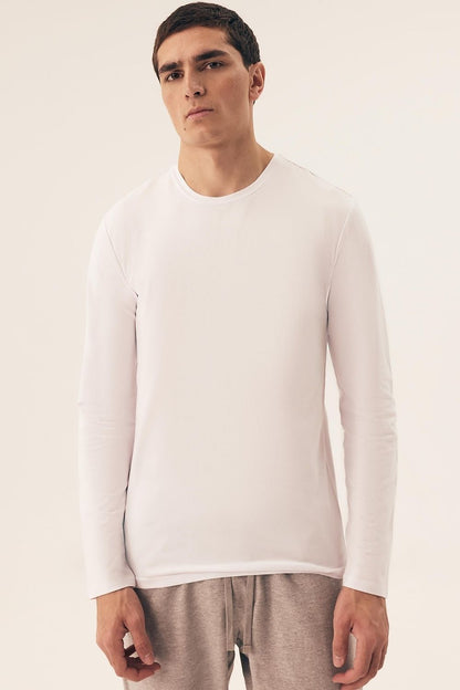 Elegant Henderson Men's Classic Long Sleeve Undershirt in soft cotton and spandex, showcasing its smooth fabric and perfect fit, ideal for high comfort and style.