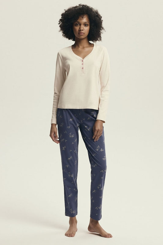 Elegantly designed women's cotton pyjamas set by Henderson, featuring a long sleeve V-neck blouse and comfortable matching pants, perfect for a luxurious night's sleep.