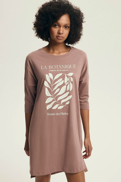 Luxury Women's Henderson Nightshirt in cotton with 3/4 sleeves and delicate print, above knee cut, showcasing a feminine silhouette.