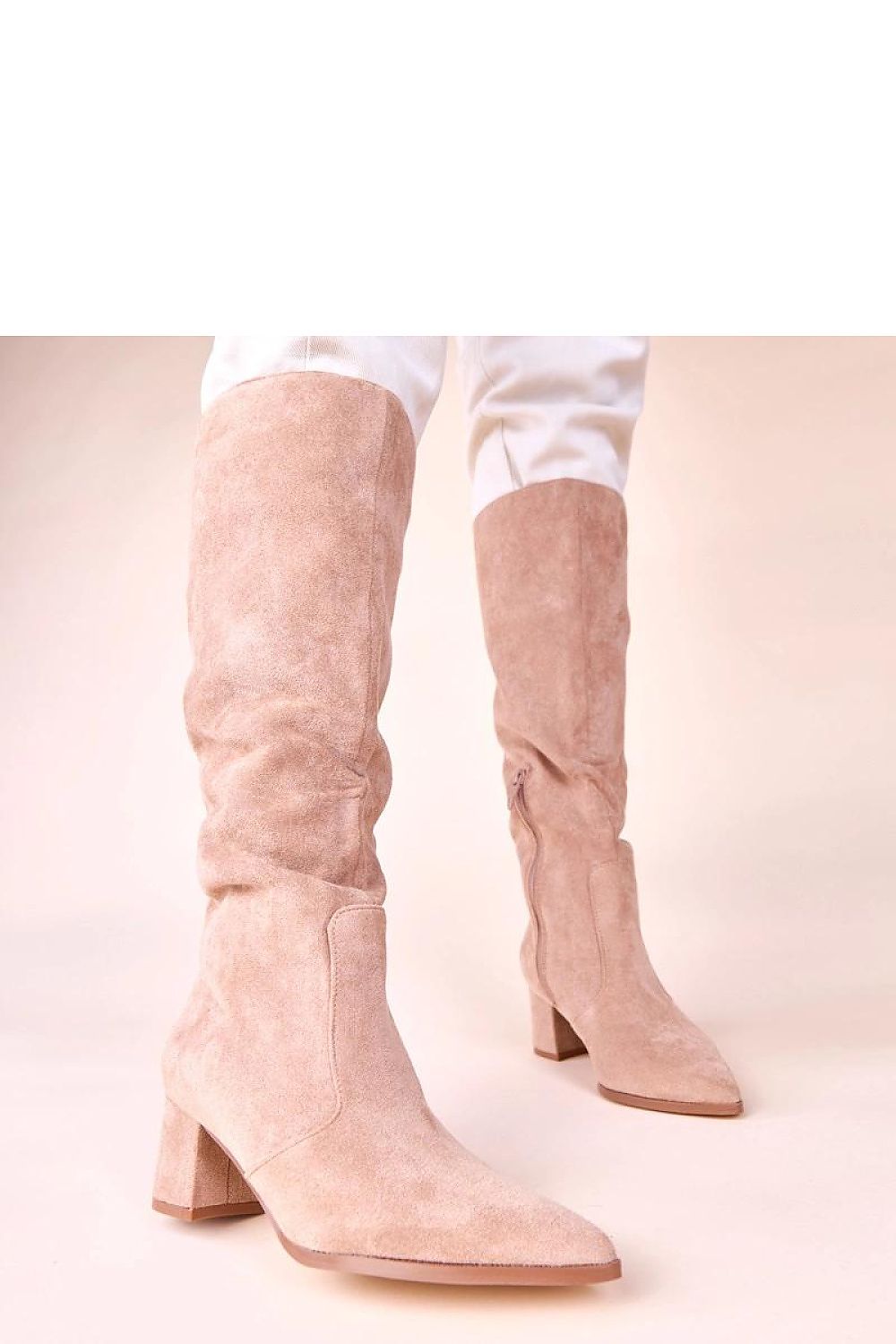 Elegant beige knee-high block heel boots in eco suede by Solea, showcasing style and comfort, perfect for any outfit.