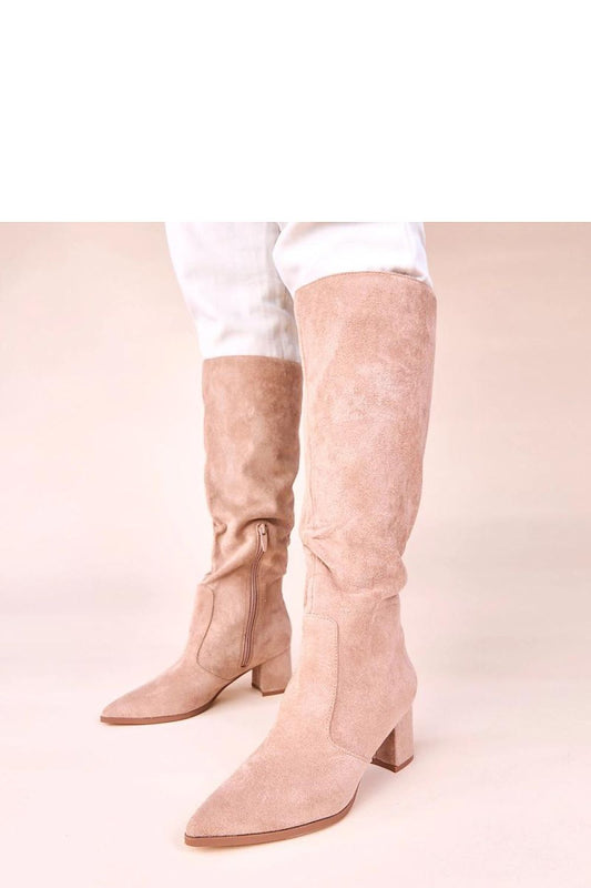 Stylish eco suede knee-high boots in beige with a stable block heel, crafted by Solea, ideal for comfort and sophistication in any season.