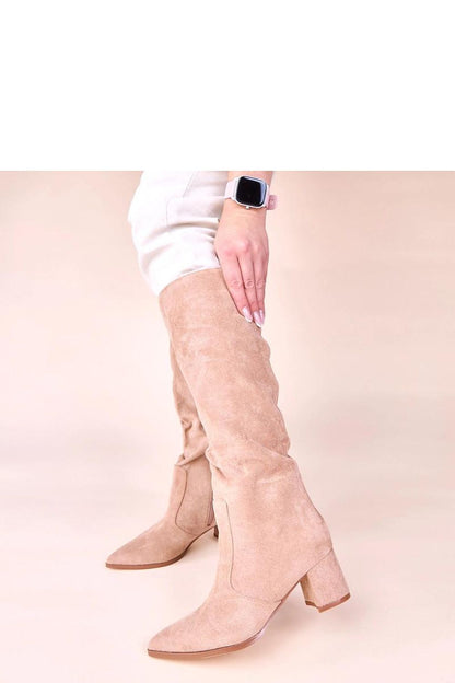 Elegant beige knee-high block heel boots made from eco suede by Solea, perfect for stylish and comfortable wear in cooler seasons.