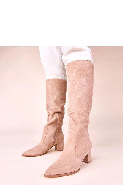 Chic beige eco suede knee-high boots with a solid block heel by Solea, combining luxury style and comfort for any woman.