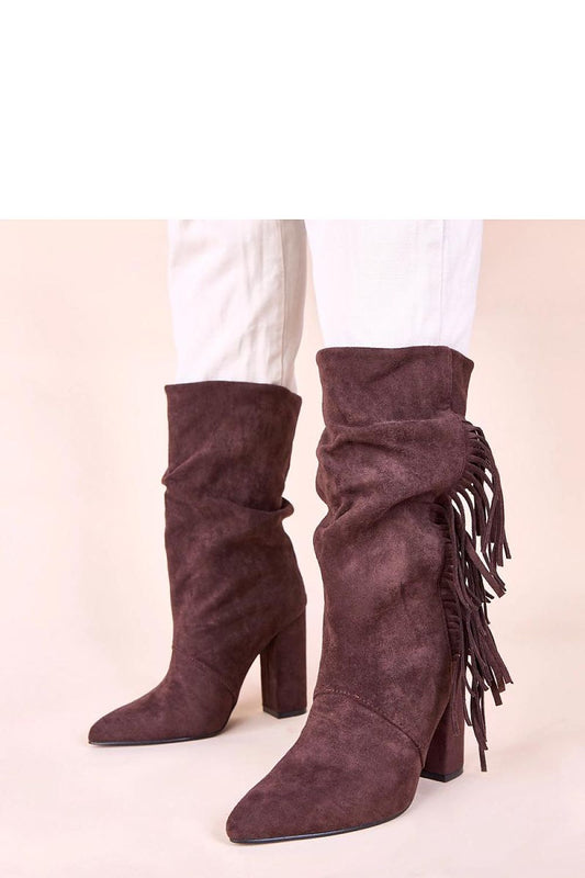 Elegant Briena brown fringe slip-on heel boots featuring a 21cm upper and 11cm chunky heels, impeccably designed by Solea for luxury and comfort.