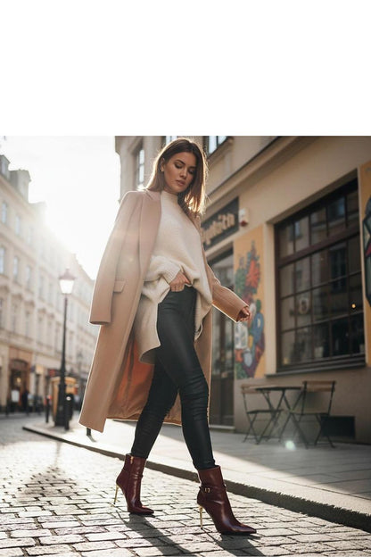 Versatile beige ankle boots with eye-catching gold stiletto heel, perfect for day and night style transitions.