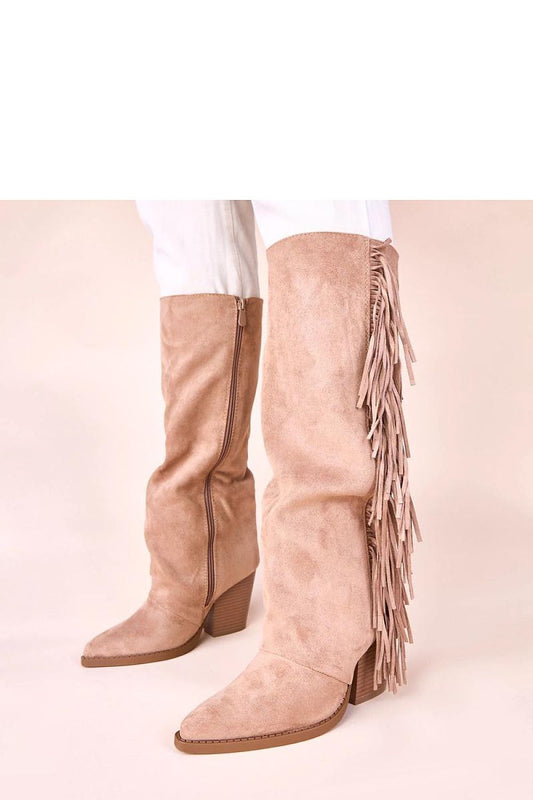Elegant beige fringed cowboy ankle boots by Gemre, showcasing high-quality suede imitation leather, designed for luxurious comfort and style.