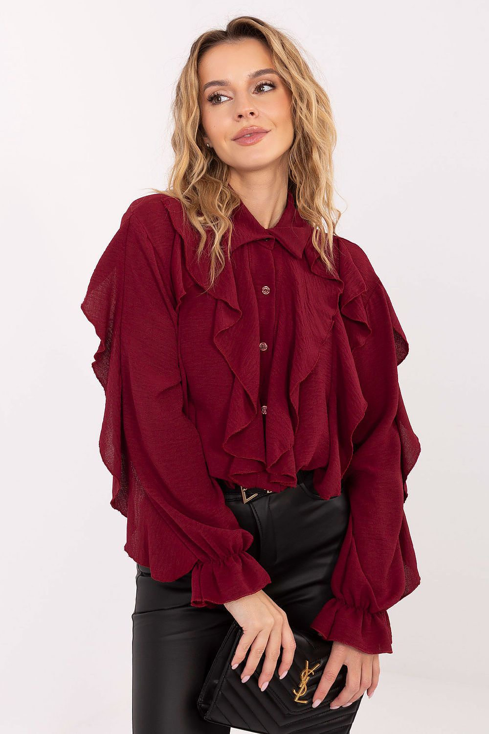 Elegant women's long sleeve viscose shirt with ruffle details from Italy Moda, showcasing a classic collar and puffy sleeves, perfect for refined styling.