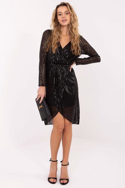 Elegant knee-length evening dress by Italy Moda, adorned with shimmering sequins and featuring a sophisticated envelope neckline.