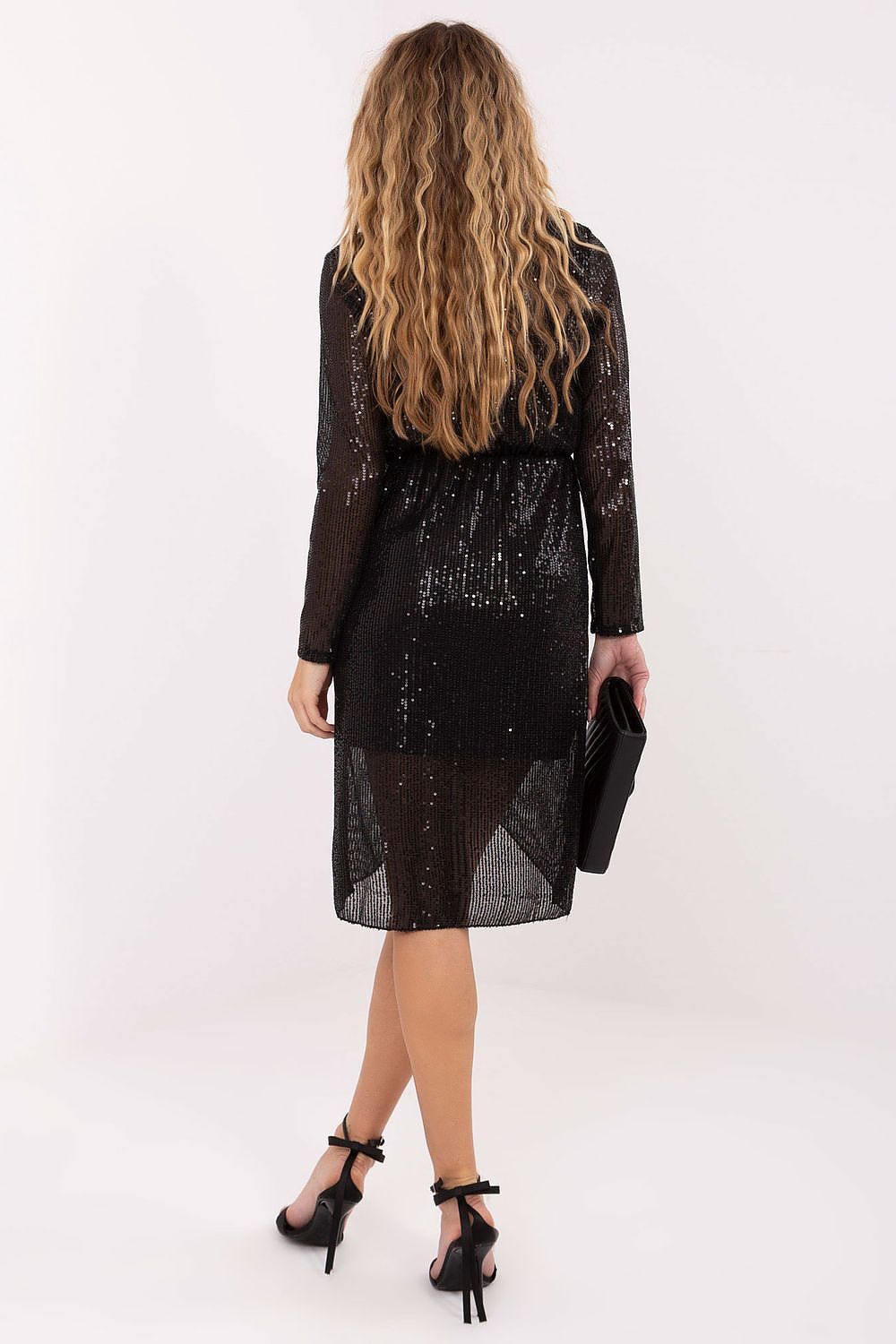 Elegant knee-length evening dress by Italy Moda featuring shimmering sequins, an envelope neckline, and long sleeves, perfectly designed for formal occasions.