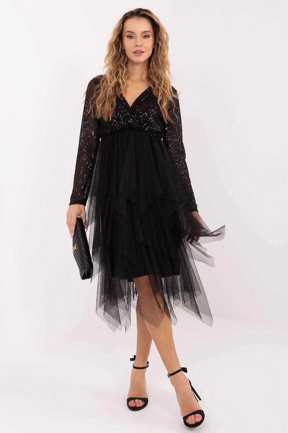 Elegant knee-length flared dress adorned with sequins and tulle from Italy Moda, perfect for formal occasions and stylish parties, showcasing a wrap neckline and chic long sleeves.
