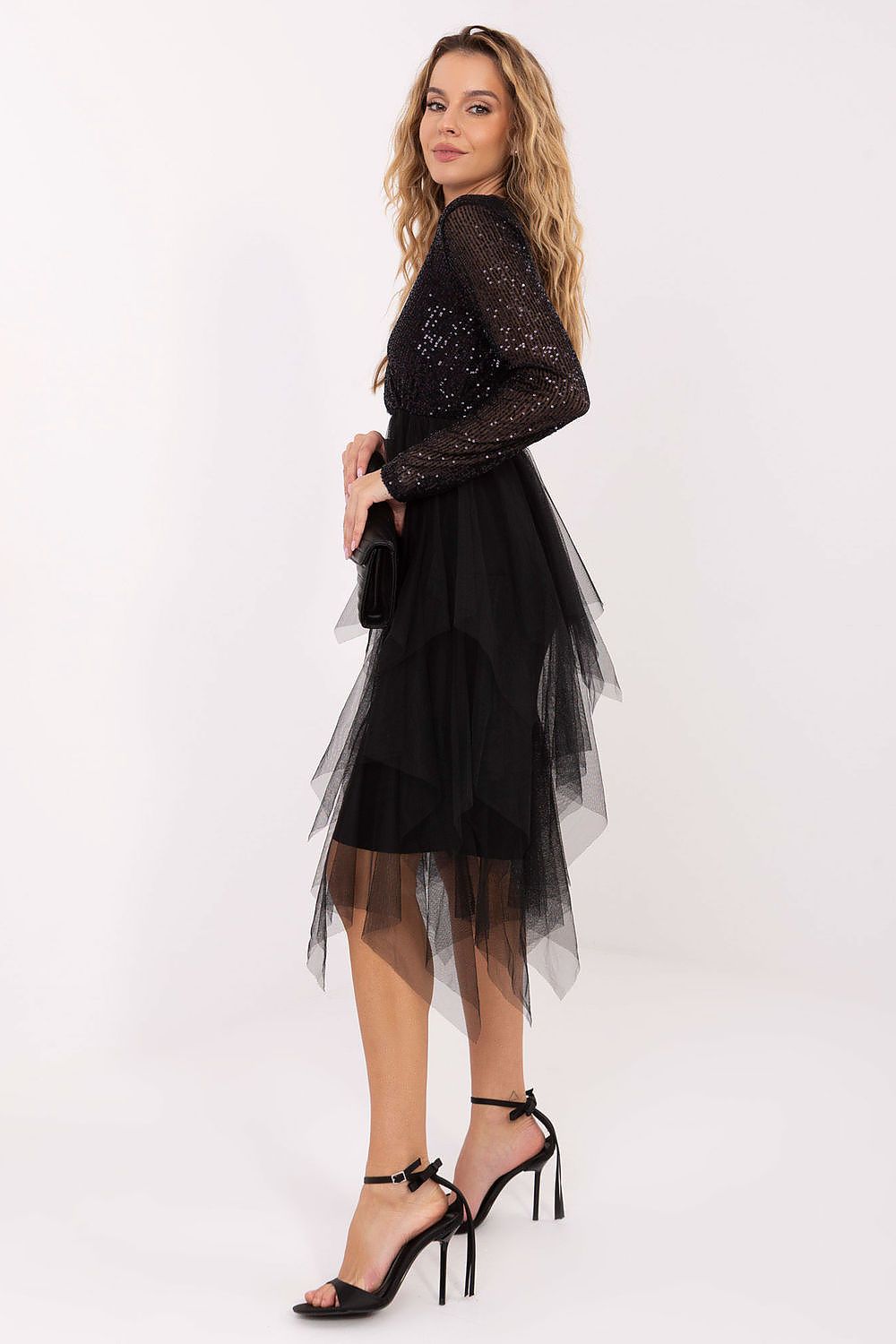 Elegant knee-length flared dress with sequins and tulle from Italy Moda, showcasing its beautiful wrap neckline and luxurious long sleeves.