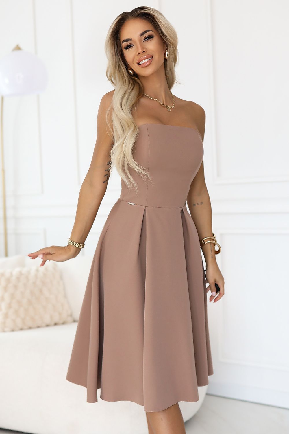 VIVIENNE Beige Midi Dress by Numoco, featuring a corset style, flared bottom, and elegant silhouette, perfect for weddings and special occasions.