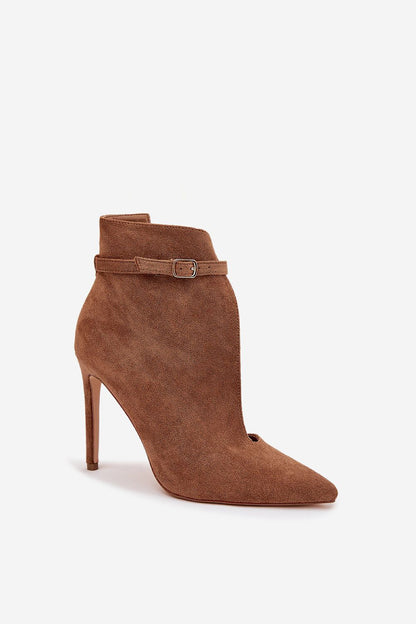 Close-up view of Step in Style's Women's Eco Suede Ankle Boots, highlighting the pointed toe and chic buckle strap, embodying elegant fashion for any occasion.