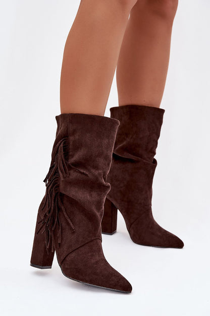 Close-up view of Step in style Luxury Women's Eco Suede Ankle Boots highlighting the gathered upper and decorative fringes for a contemporary boho vibe.