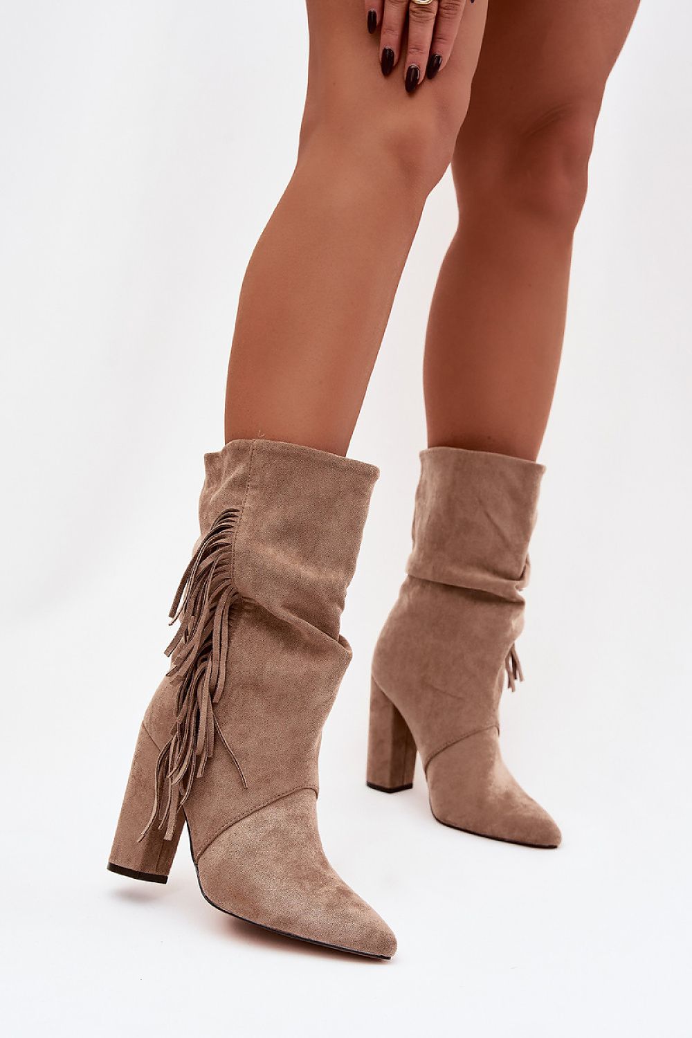 Elegant slip-on luxury ankle boots for women from Step in Style, featuring a unique gathered upper and decorative fringes in eco suede.