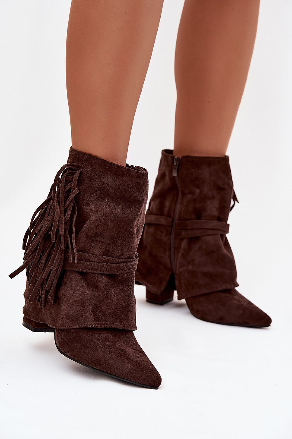 Elegant Women's Eco Suede Ankle Boots by Step in Style featuring fringes and gold buckles, perfect for a sophisticated look.