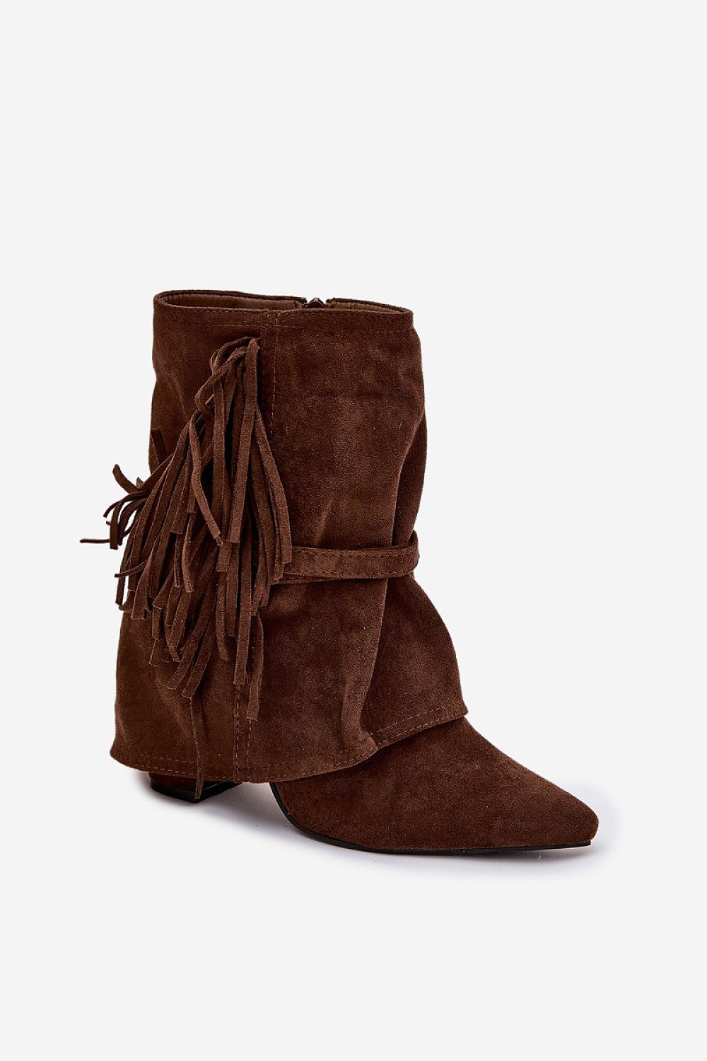 Side profile of Women's Eco Suede Ankle Boots with a pointed toe, fringes, and gold buckles, crafted by Step in Style for sustainable luxury.