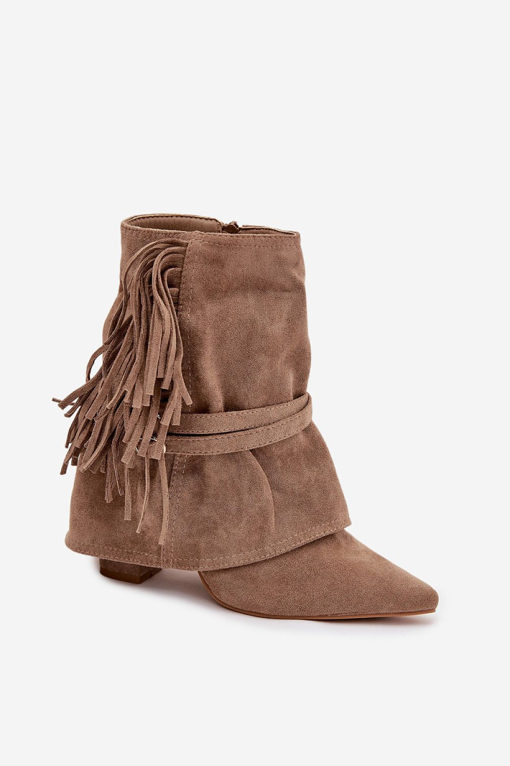 Elegant Women's Eco Suede Ankle Boots by Step in style featuring fringes and gold buckles, perfect for a chic and sophisticated look.