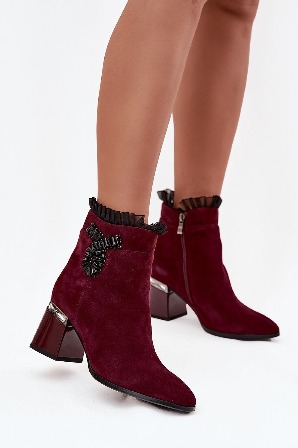 Elegant Women's Suede Ankle Boots by Step in Style featuring a 7cm heel, zipper fastening, and chic pleated mesh trim.