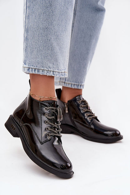 Elegantly crafted women's ankle boots in natural patent leather by Step in Style, showcasing a luxurious shiny finish and stylish decorative lacing.