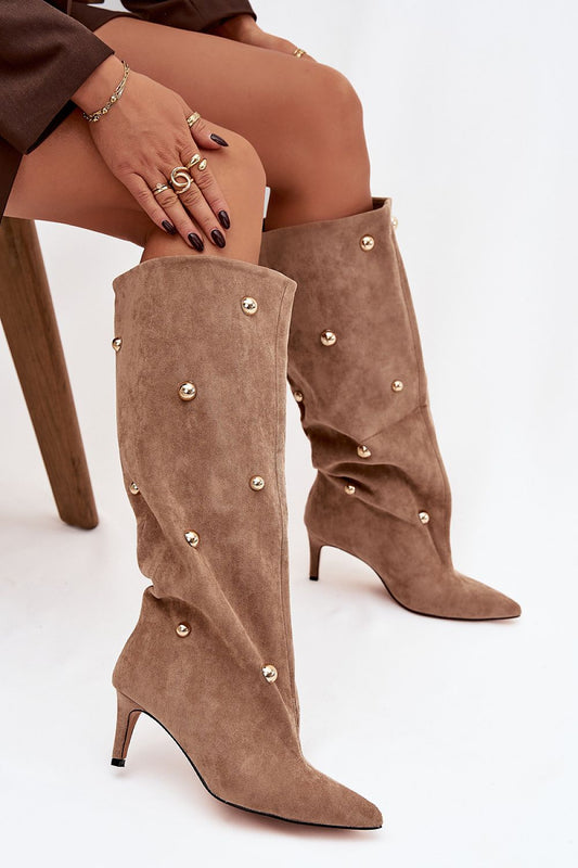 Elegant Eco Suede Heel Boots by Step in Style, featuring slim pointed toes and luxurious gold accents, perfect for modern women seeking sophistication and comfort.