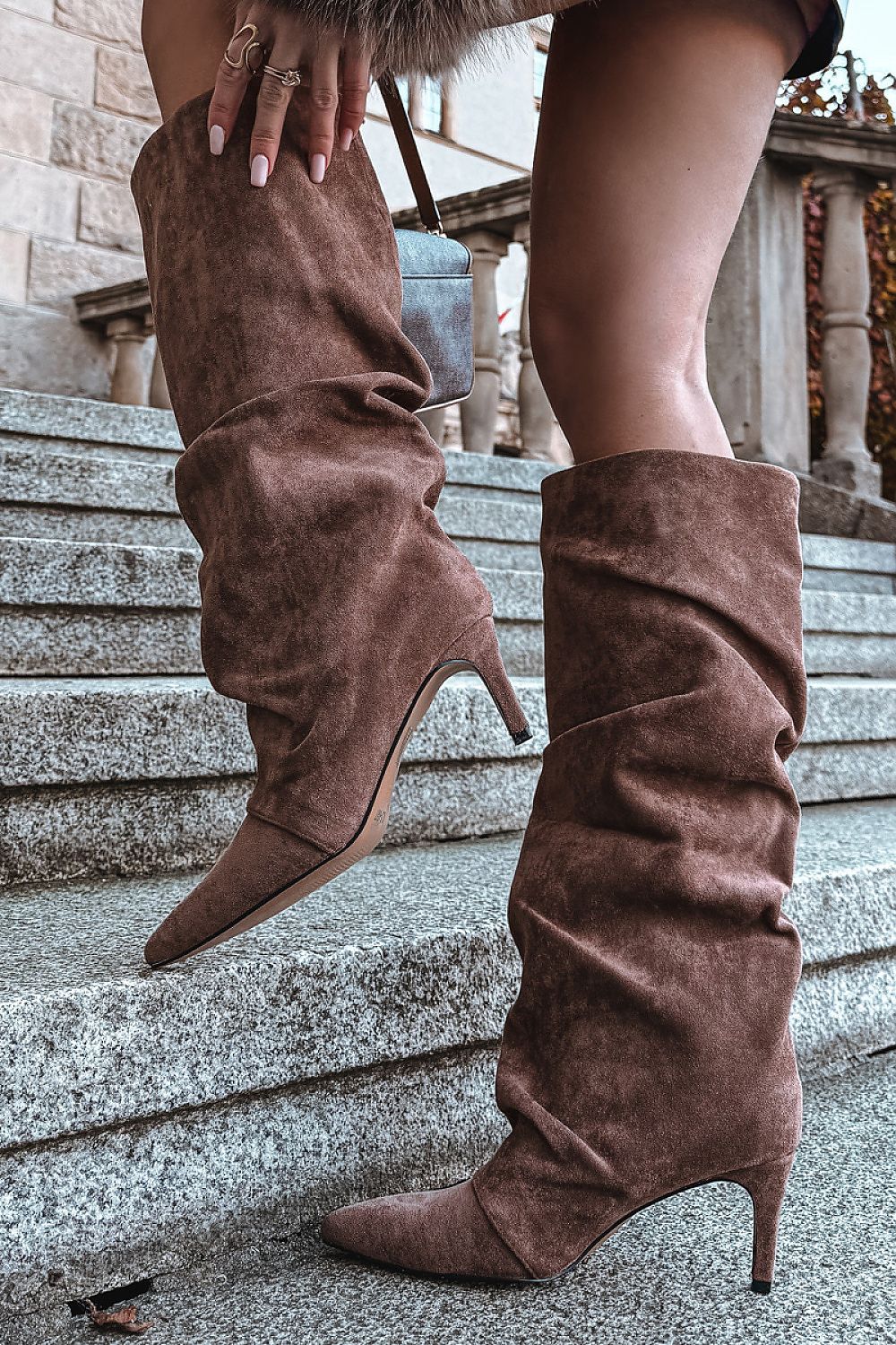 Elegant women's stiletto heel boots by Step in style, crafted from soft eco suede, showcasing a chic gathered shaft and fleece lining for comfort.