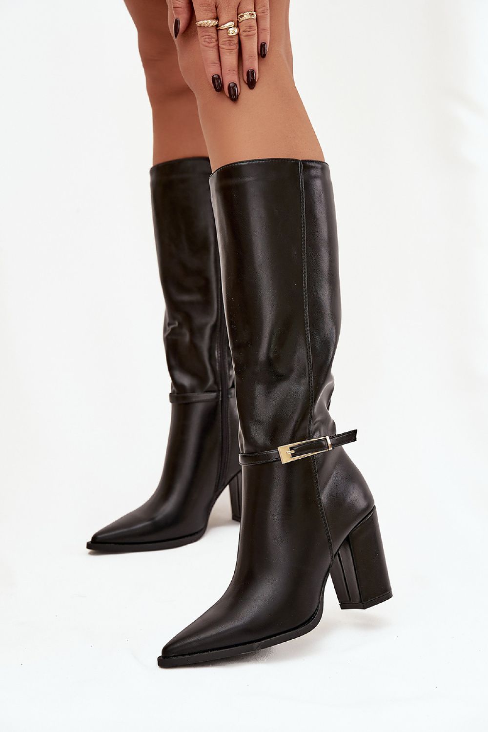 Elegant Women's Eco Leather Heel Boots with a chic gold buckle by Step in Style, showcasing a sophisticated pointed toe and a 9cm heel for a luxurious look.