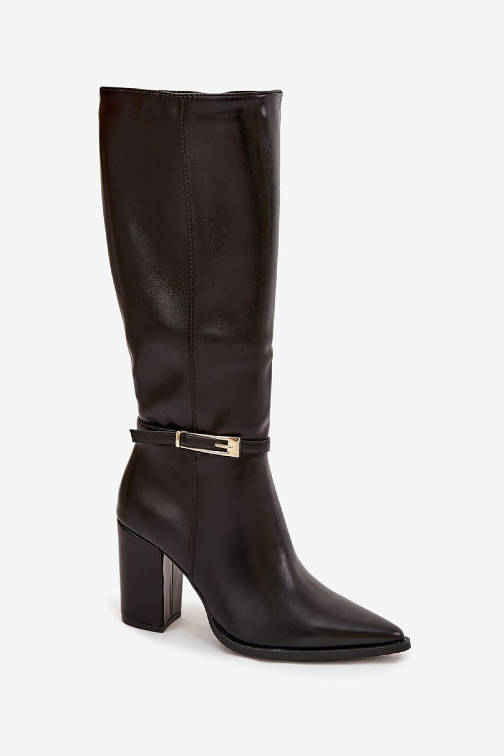 Close-up view of Step in Style's Elegant Eco Leather Heel Boots featuring a gold buckle detail, designed for fashionable women for both casual and formal occasions.