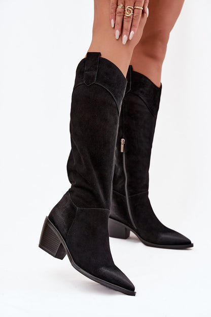 Elegant Artiker Women's Cowboy-Style Suede Heel Boots by Step in Style, featuring a sleek silhouette, pointed toe, and convenient zipper design, perfect for stylish comfort in every step.