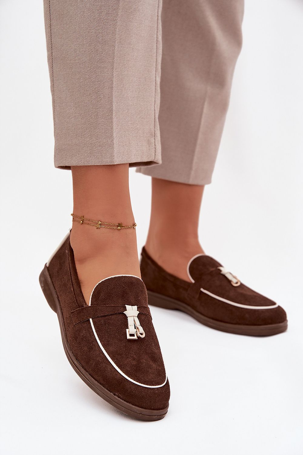 Close-up view of Step in Style's Eco Suede Loafers, featuring decorative detailing and premium comfort for sophisticated women.