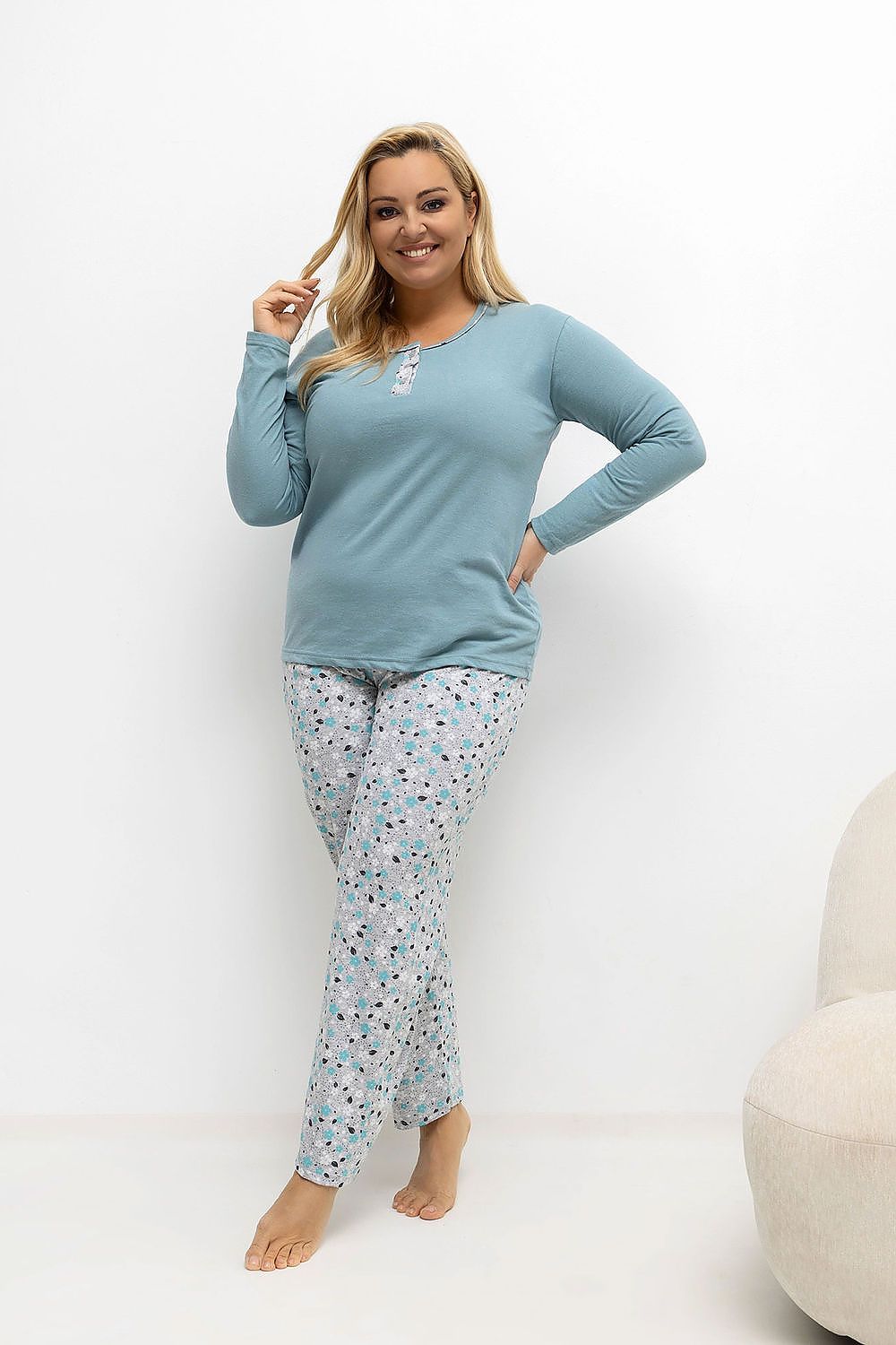 Luxurious plus size women's cotton pajama set by Forever Pink featuring a floral print blouse and matching long pants.