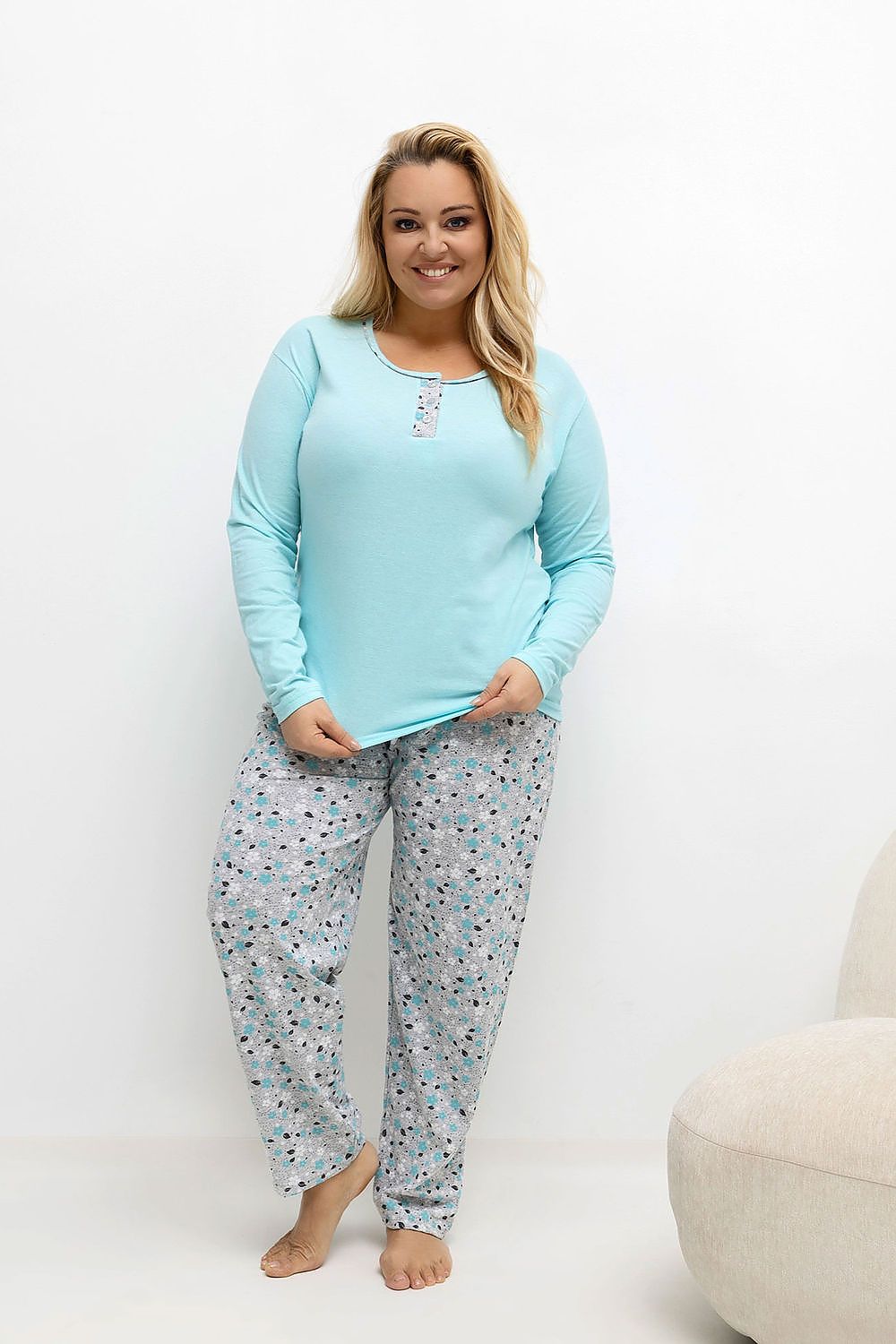 Flattering round neckline and button placket of the Forever Pink luxury plus size women's cotton pajama blouse.