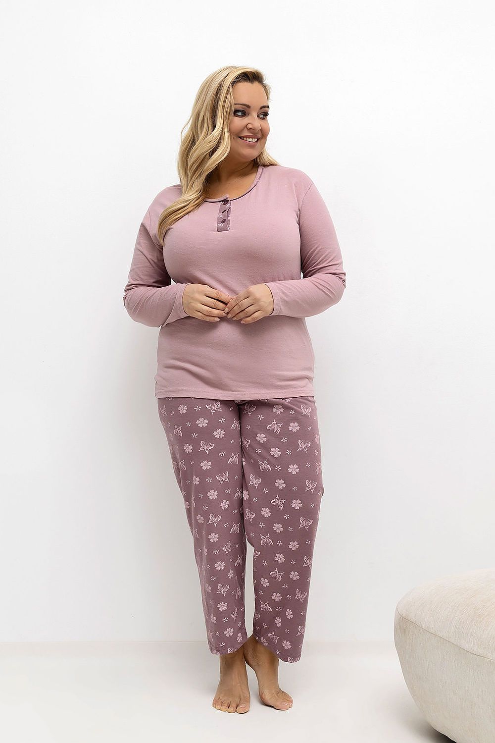 Detailed image showcasing the feminine round neckline and long sleeves of the Luxury Plus Size Pajamas Set by Forever Pink.