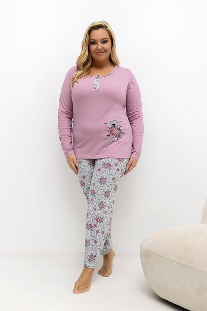 Elegant Plus Size Pajamas Set for Women in floral design by Forever Pink, showcasing a luxurious cotton fabric and feminine round neckline.