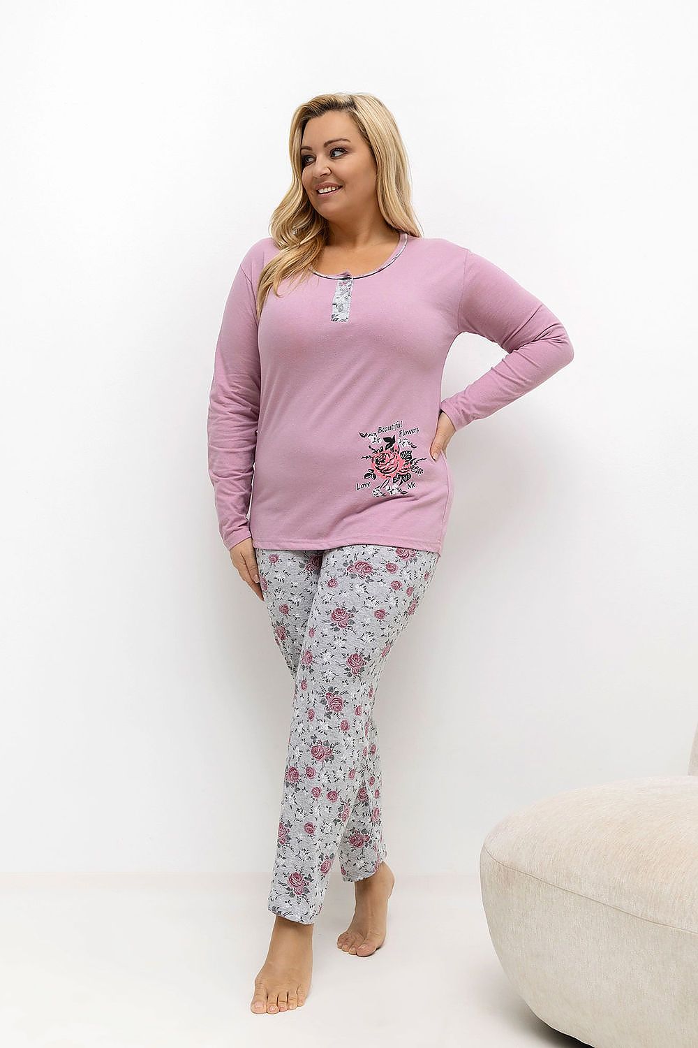 Close-up of the floral pattern on the Elegant Plus Size Pajamas Set by Forever Pink, highlighting the intricate design and premium cotton quality.
