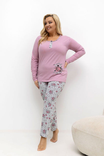 Close-up of the floral pattern on the Elegant Plus Size Pajamas Set by Forever Pink, highlighting the intricate design and premium cotton quality.