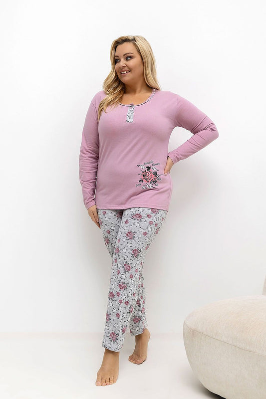 Close-up of the floral pattern on the Elegant Plus Size Pajamas Set by Forever Pink, highlighting the intricate design and premium cotton quality.