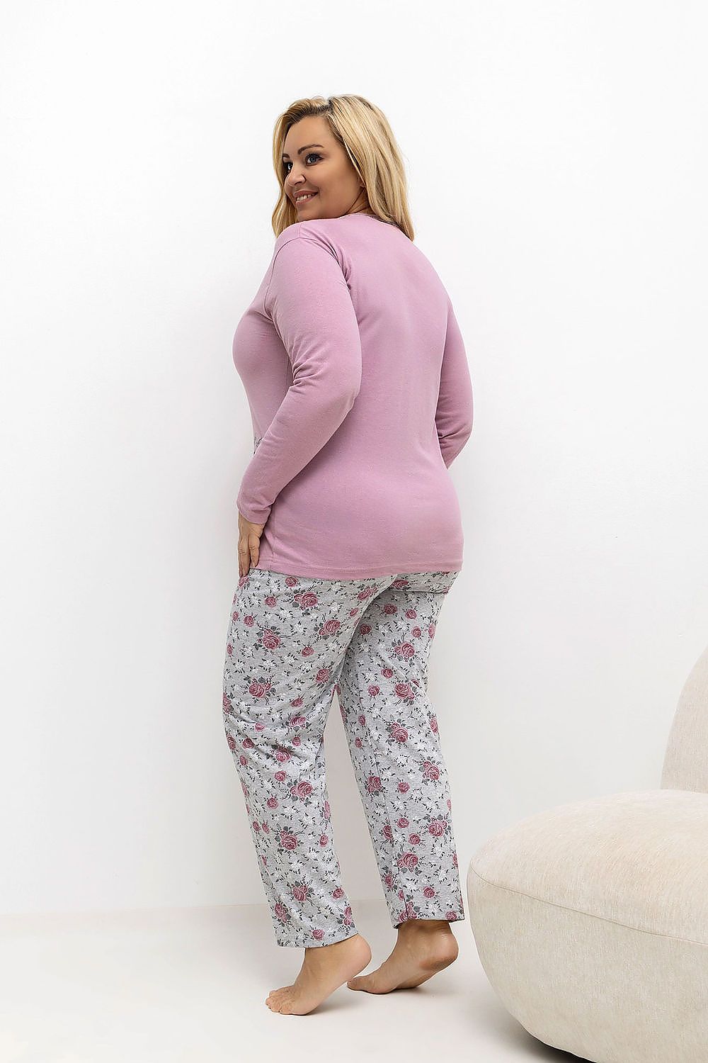 Full view of the Elegant Plus Size Pajamas Set for Women by Forever Pink, featuring matching floral printed pants and a stylish long-sleeved top.