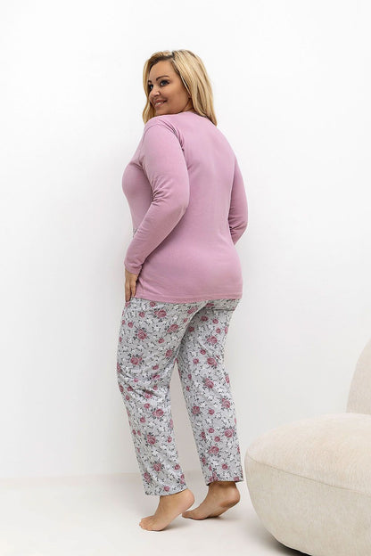Full view of the Elegant Plus Size Pajamas Set for Women by Forever Pink, featuring matching floral printed pants and a stylish long-sleeved top.