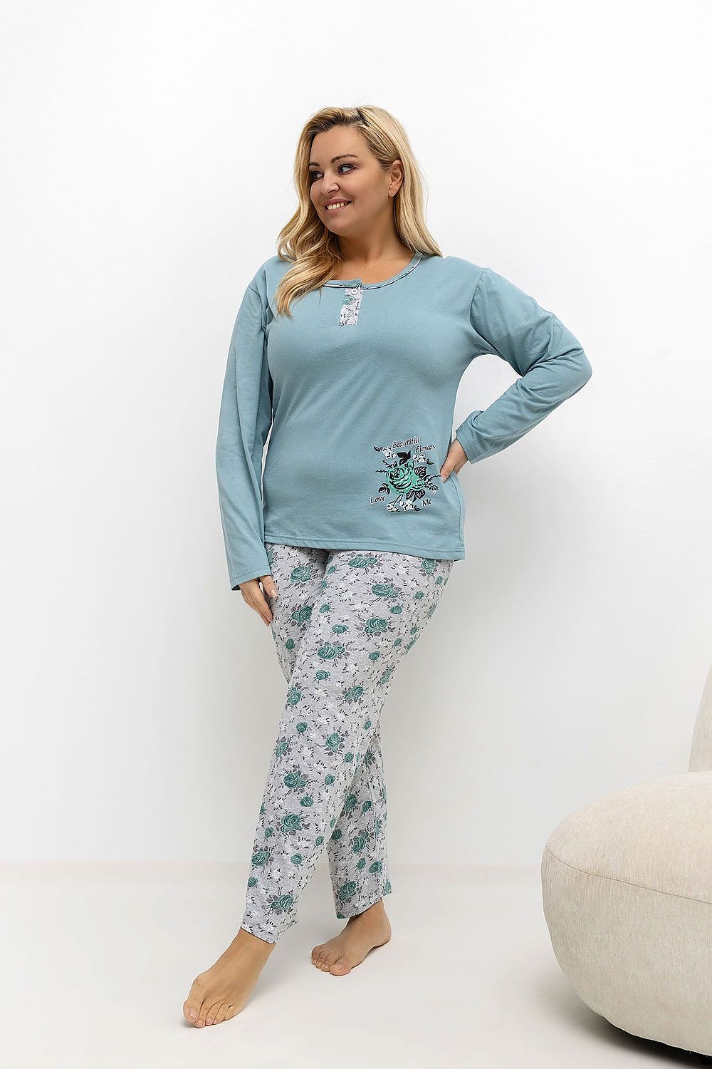 Close-up of the floral detail on the Elegant Plus Size Pajamas Set by Forever Pink, highlighting luxurious cotton fabric and feminine button design.