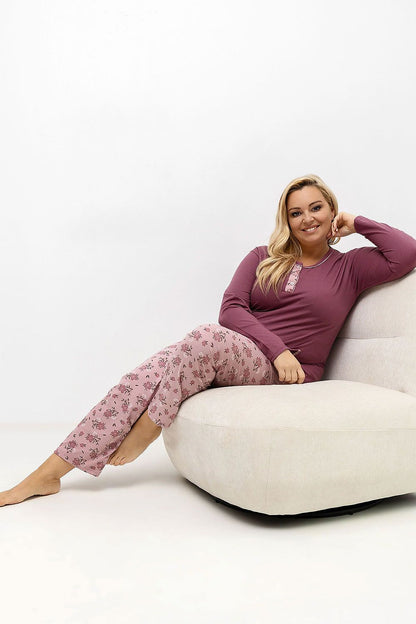 Luxurious plus size 100% cotton pajamas set for women by Forever Pink, featuring a floral pattern and long sleeves for ultimate comfort.