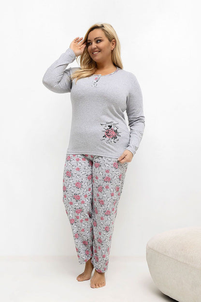 Luxurious floral print plus size cotton pajamas set for women by Forever Pink, featuring a stylish long-sleeved top and comfortable long pants.